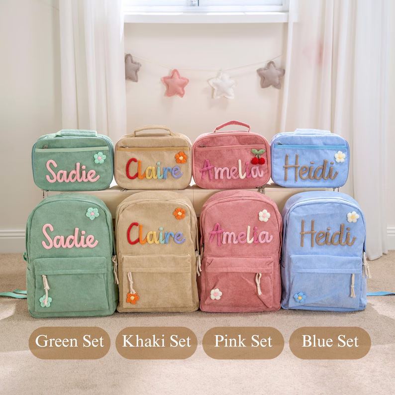 Four backpack and lunch bag sets in green, khaki, pink and blue, each with a child's name in yarn letters